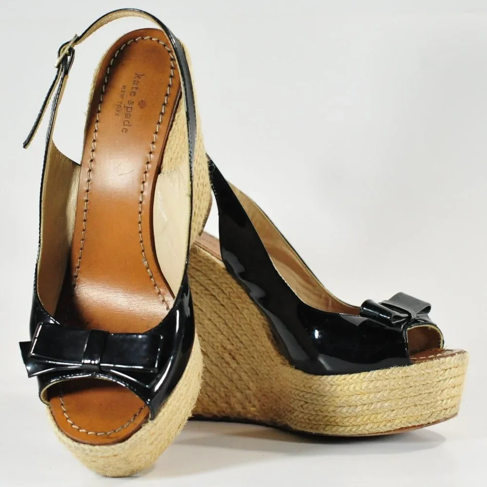 Kate Spade New York Black Patten Leather & Jute Wedge